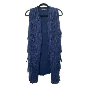 Tess Giberson Sweater Women M Navy  Knit Tunic Cardigan Open Front Fringe